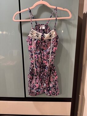 Girls Navy and Pink Paisley Crochet-Trim One-Piece Romper